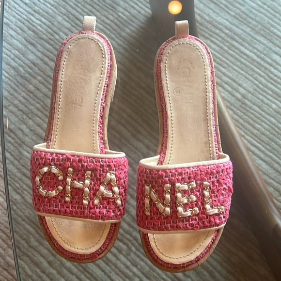 CHANEL Shoes - Chanel pink tweed logo slides 38.5